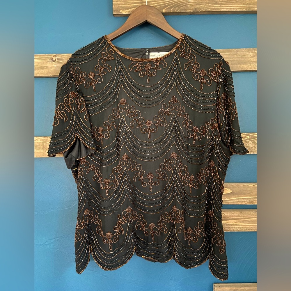 Vintage Fully Beaded Blouse with Scallop Sleeves and hem.
